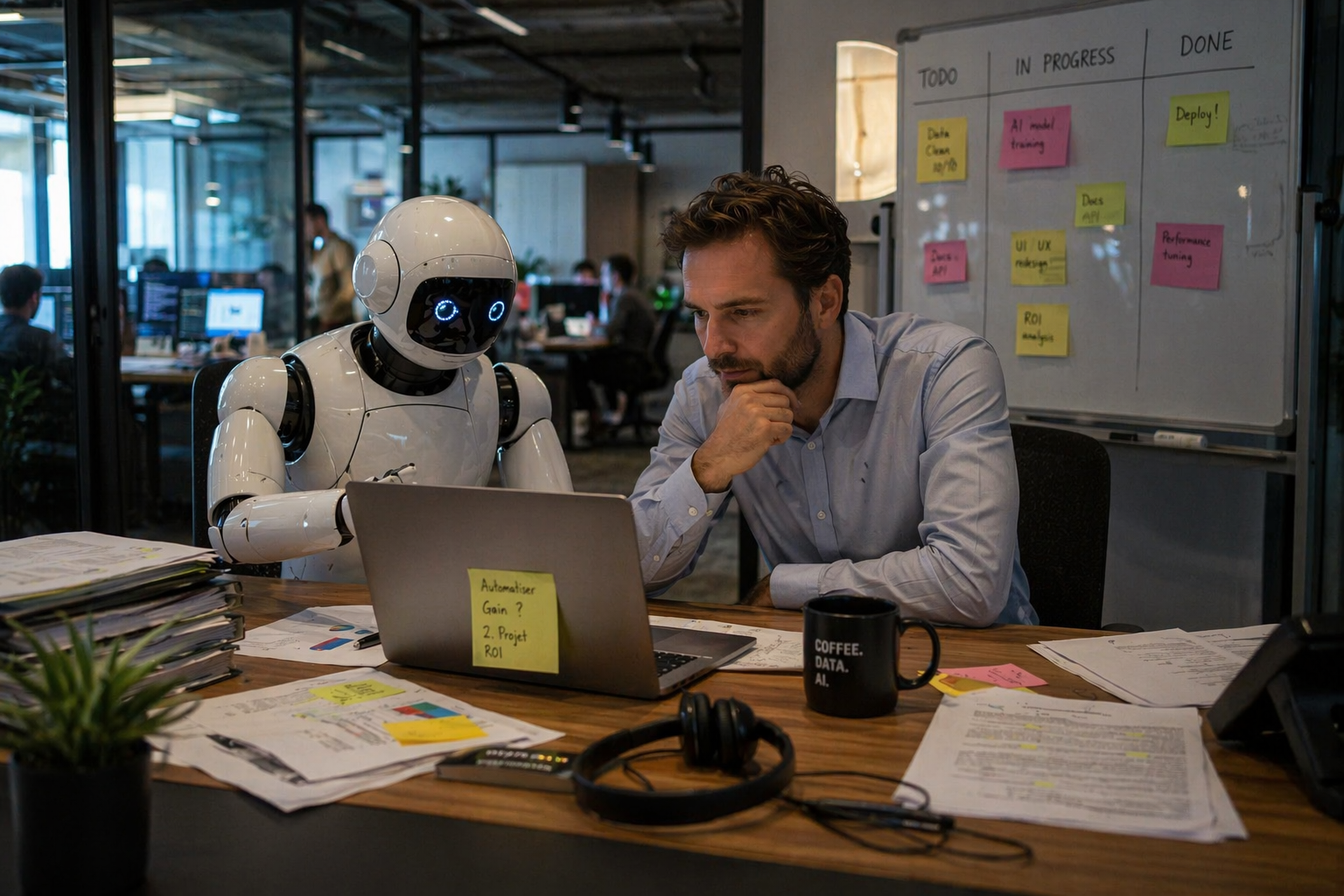 Agent IA en entreprise collaborant avec un salarié sur un processus métier dans un environnement de bureau moderne